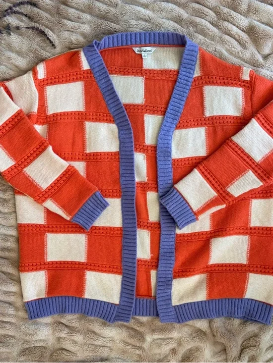 Davi & Dani Orange and Cream Checkered Cardigan with Lavender Trim Large - Picture 1 of 5